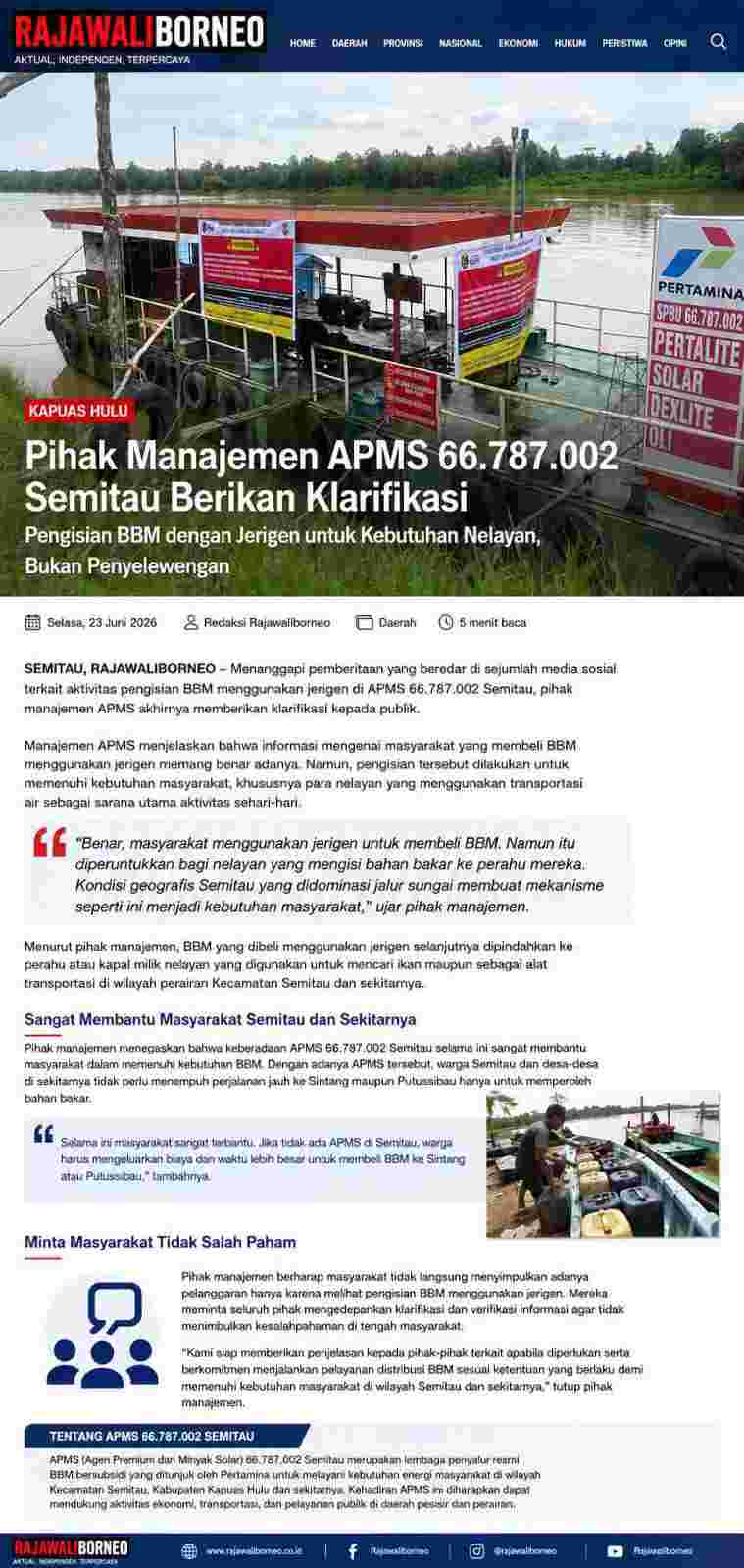 APMS Semitau Pastikan Distribusi BBM Sesuai Kebutuhan.